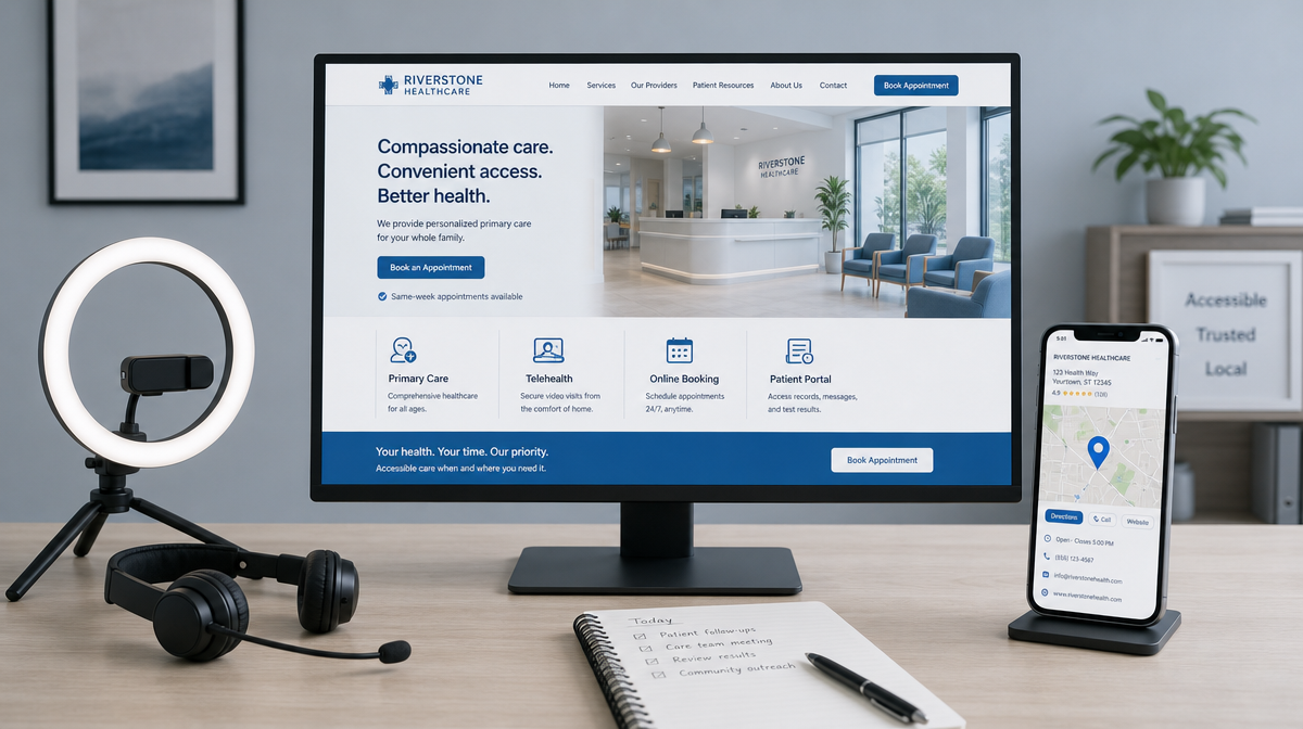 Clinic website on a monitor sits beside a map-enabled phone, headset, and notebook on a tidy desk.