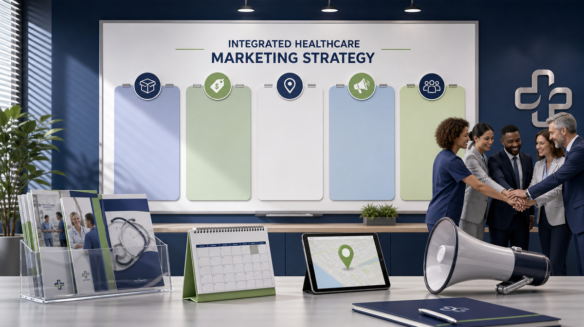 Marketing board with blank panels, brochures, a calendar, map tablet, megaphone prop, and team huddle.