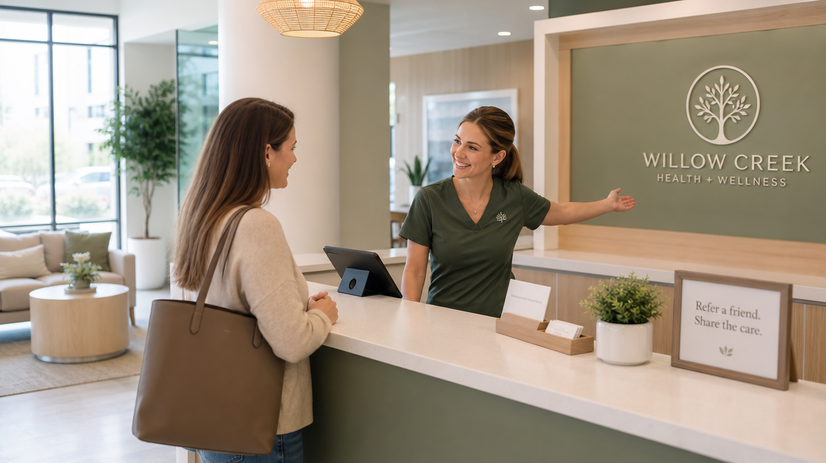 Front desk coordinator guides a patient beside a check-in counter with cardholder and tablet in a bright clinic lobby.