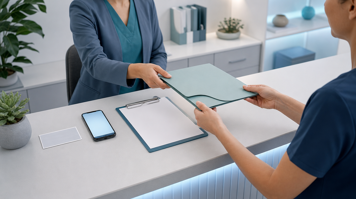 Staff pass a referral card, phone, clipboard, and folder across a clean healthcare desk.
