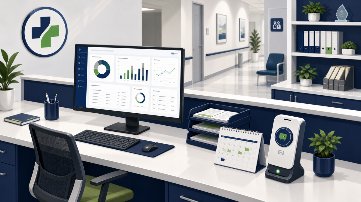 Dashboard monitor, calendar, file tray, and messaging device sit at a tidy front desk in a clinic office.