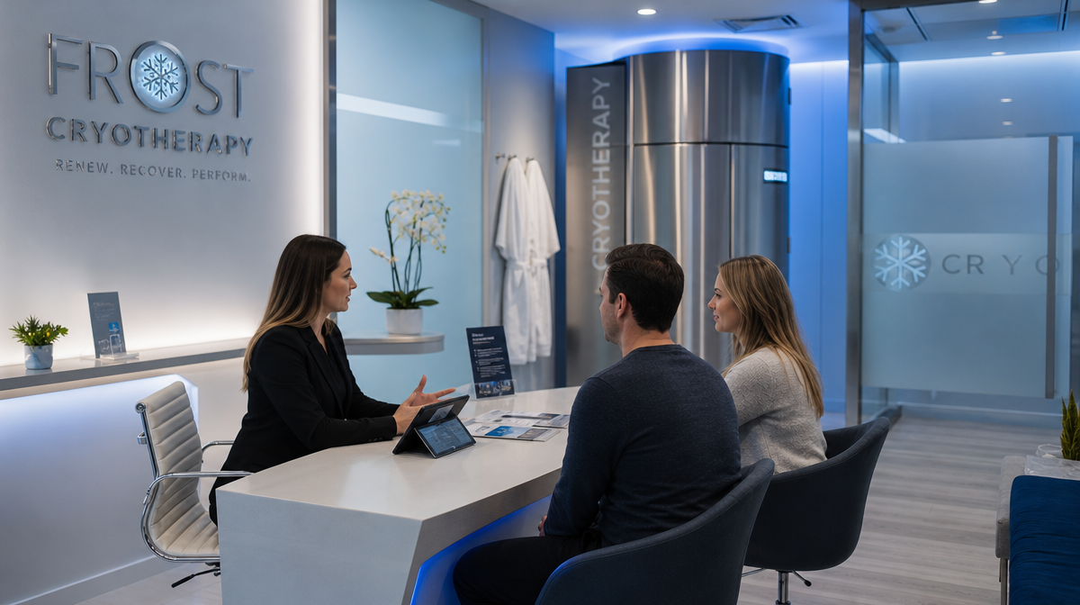 Staff explains cryotherapy to two clients at a reception desk, with a cryo chamber and brochures behind.