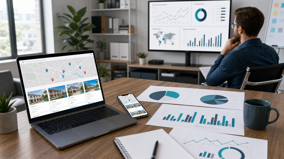 Laptop map with booking cards beside blank charts, while a marketer reviews a dashboard in the background.