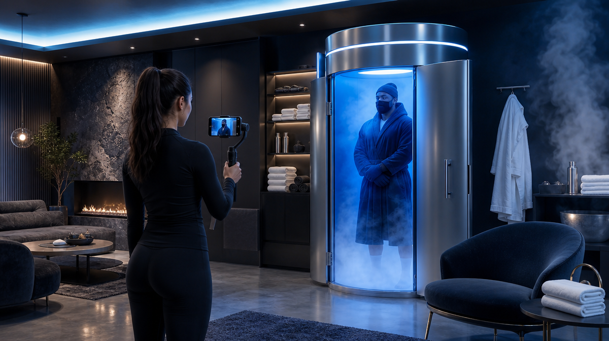 Content creator films a glowing cryo chamber in a recovery center, with a phone stabilizer and lounge seating.