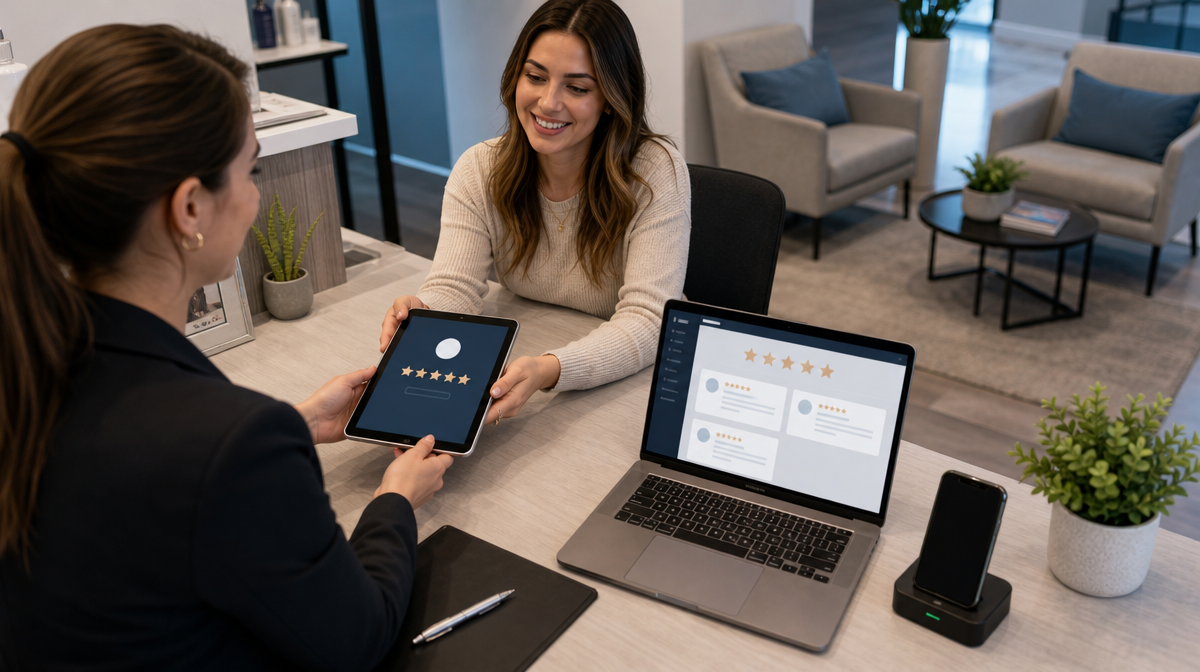 Staff hands a tablet to a client for a review request beside a laptop showing star ratings and response cards.