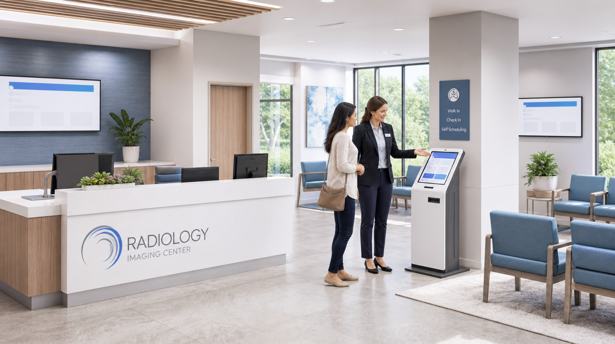 Clinic staff guide a patient to a self-check-in kiosk in a modern radiology reception area.