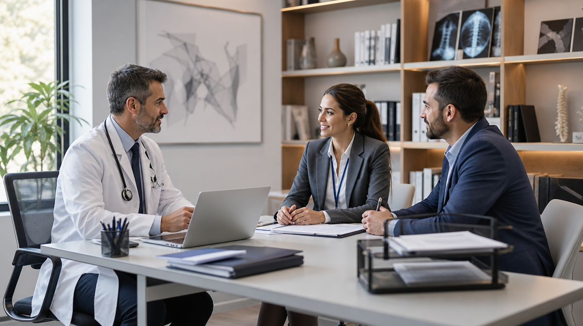 Doctor, coordinator, and field rep discuss imaging referrals at a desk in a bright office.