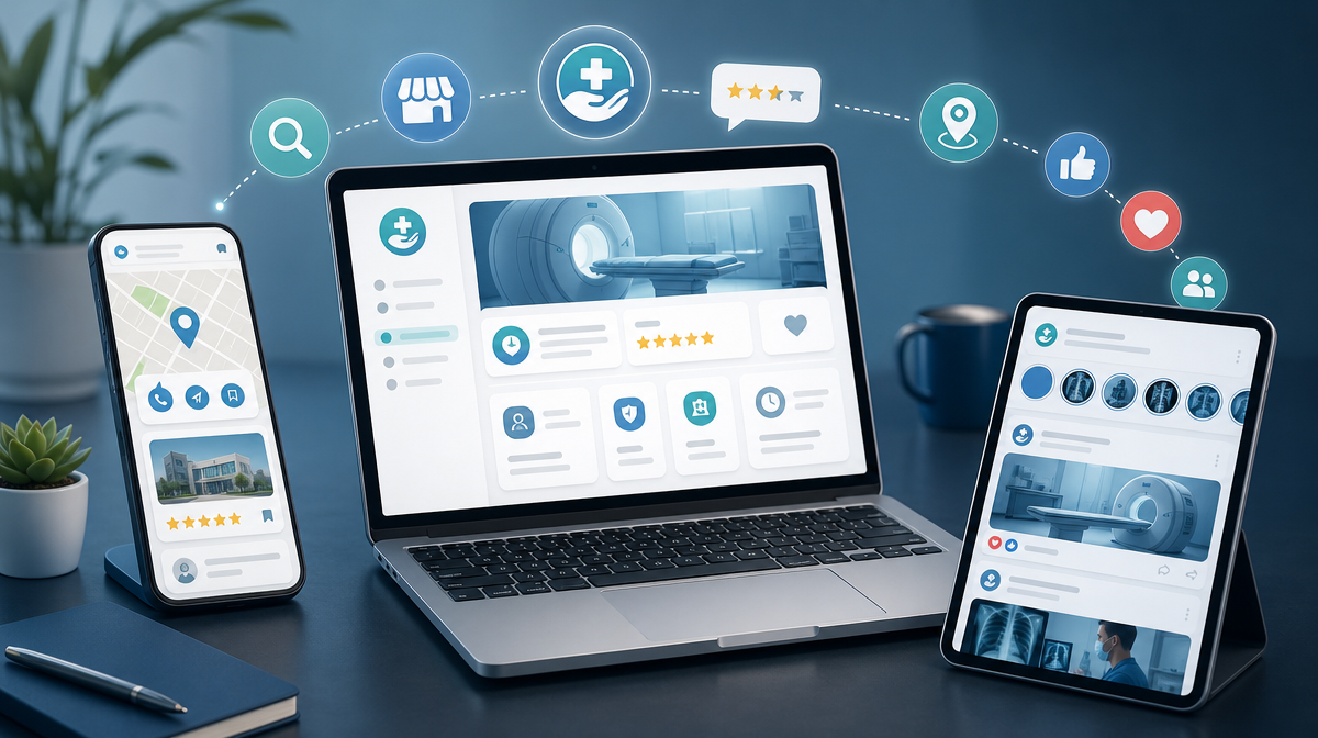Desktop screens show generic search, review, and social media icons beside a laptop and phone.