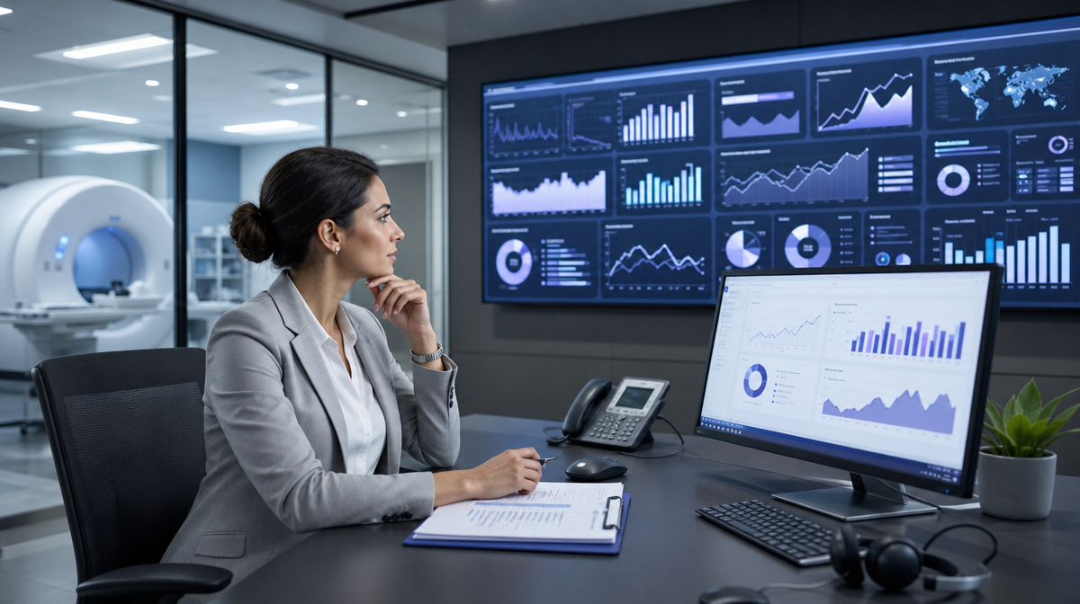 A marketing manager reviews analytics on wall monitors in a radiology operations office.
