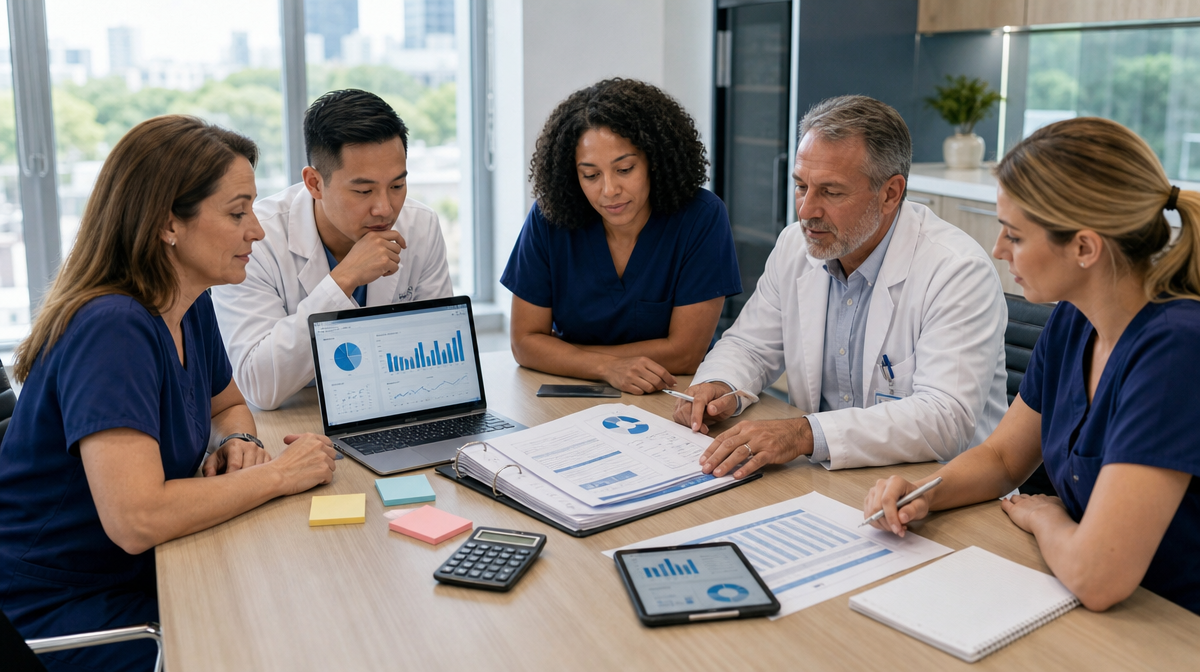 Medical team reviews a marketing binder, analytics laptop, charts, and budget sheet in a conference room.