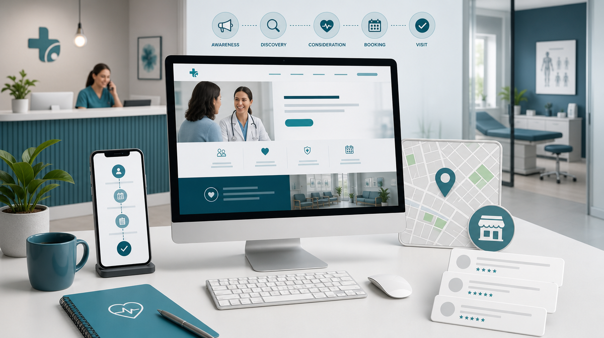 Desktop with a medical website mockup, appointment flow on a phone, map icons, and blank review cards.