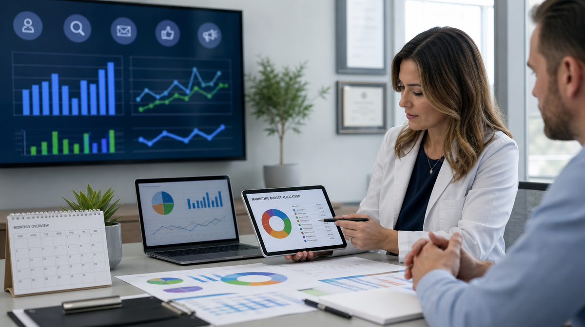 Planner reviews color-coded budget charts, a tablet, and performance graphs in a clinic office.