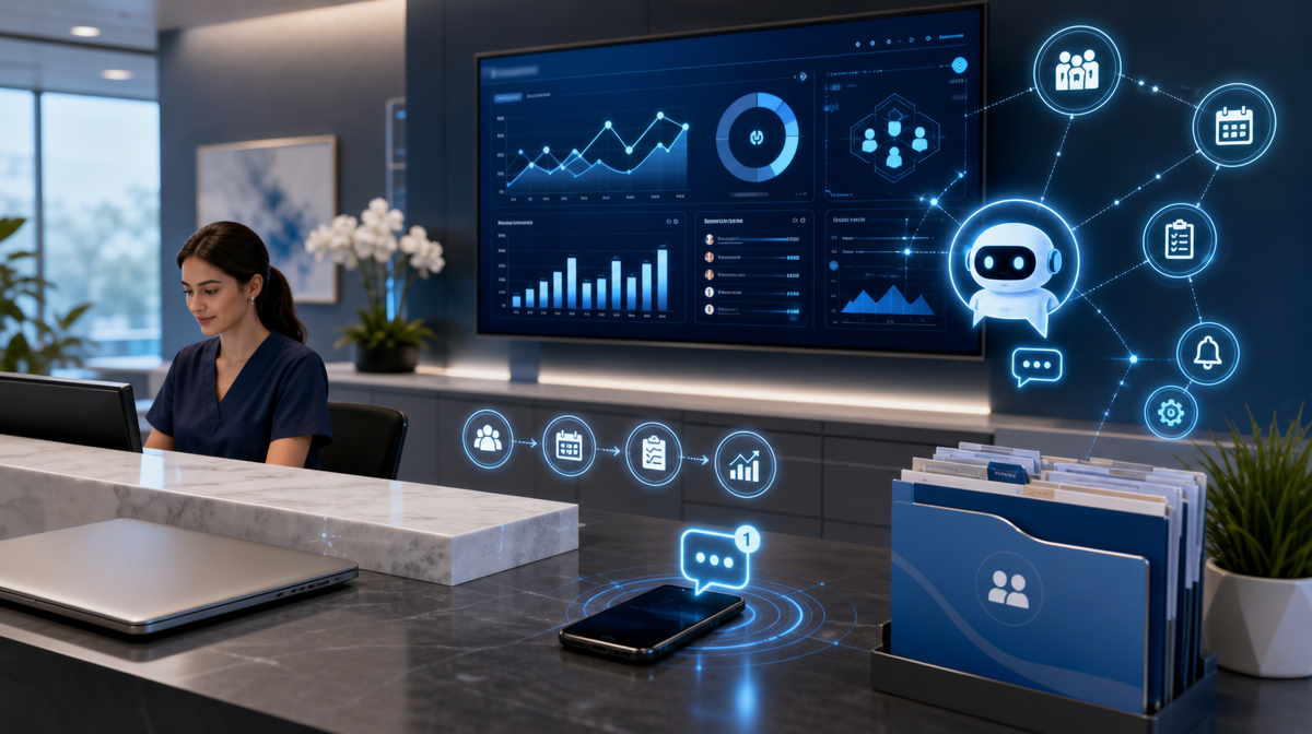 Receptionist, dashboard screen, referral folders, and automation icons show a connected practice workflow.