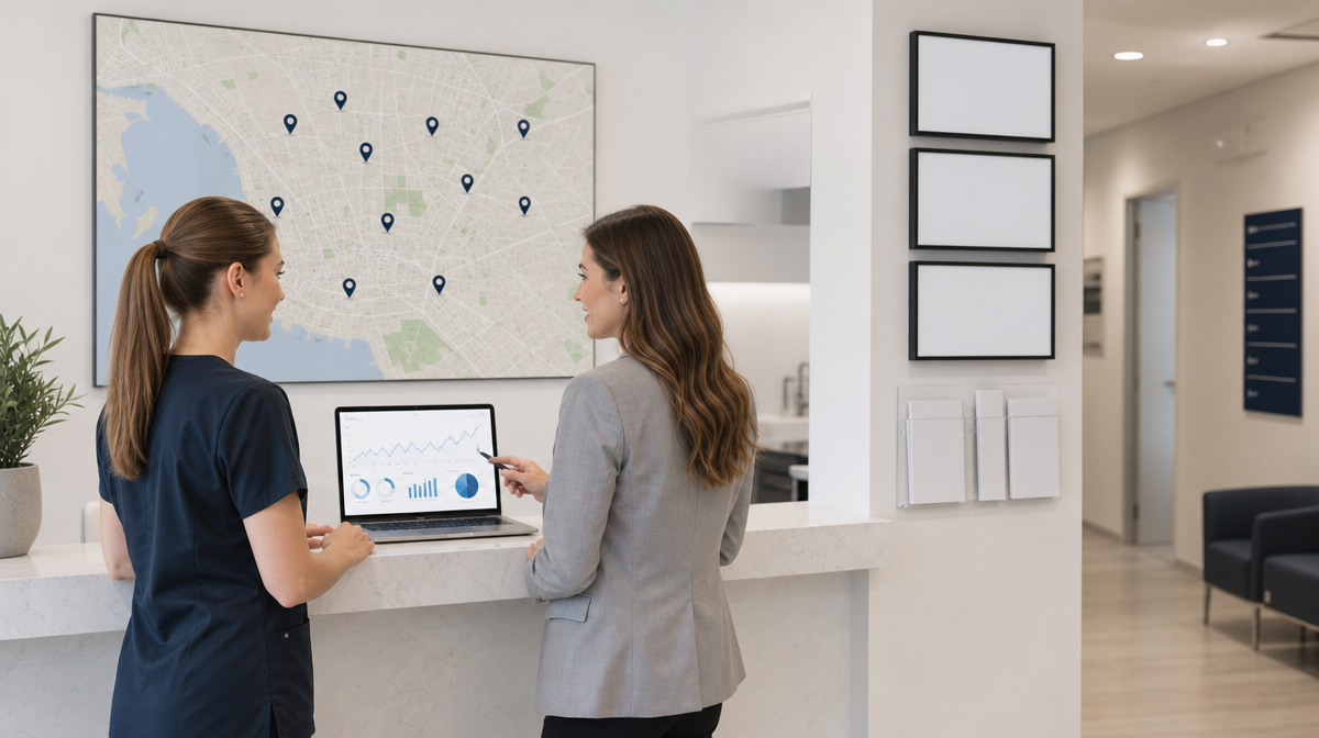 Receptionist and marketer review location pins and analytics on a laptop in a clinic reception area