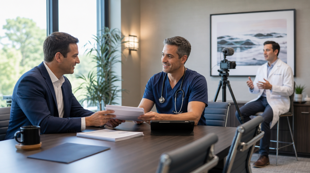 Practice director and physician exchange packets while a clinician records a video in a conference room