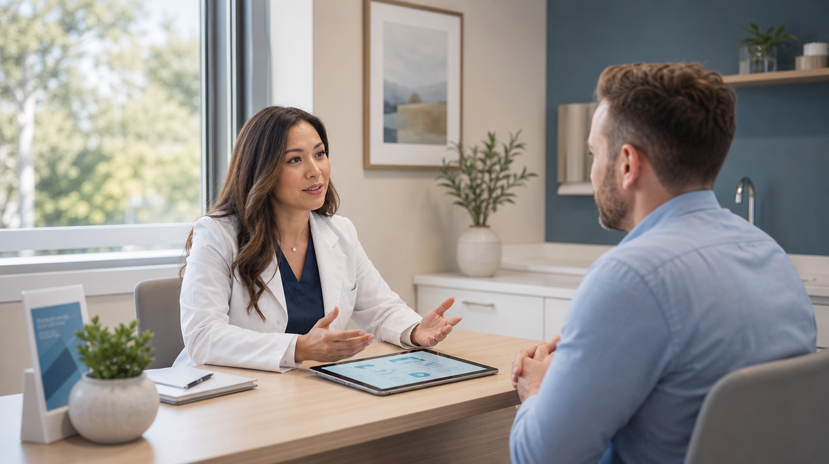 Provider speaks with a seated patient across a desk in a warm, modern consultation room.
