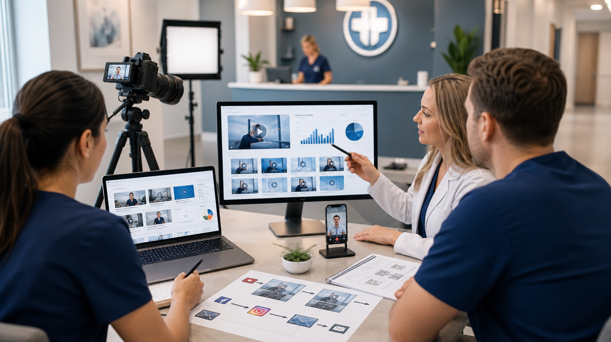 Healthcare team plans video distribution with laptop, camera, smartphone, and analytics screens.