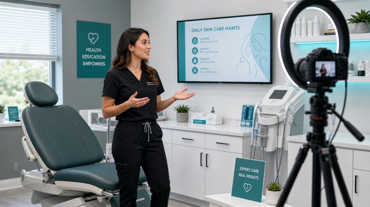 Provider records a short educational video beside a treatment chair in a bright exam room.
