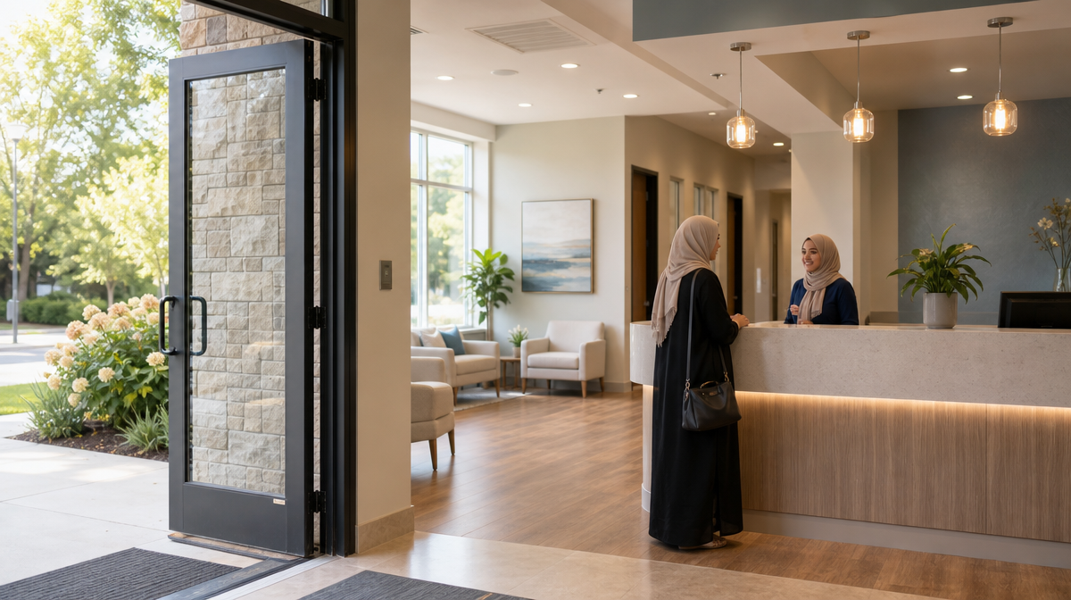 Staff member greets a visitor at a welcoming clinic entrance and reception desk.