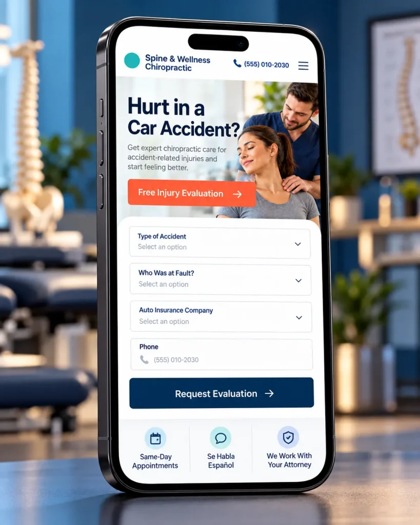 Personal injury chiropractic website on a phone showing a free injury evaluation and car accident intake form